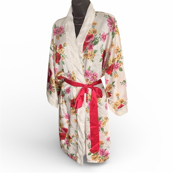 Victoria's Secret Other - Victorias Secret Womens OSFM Robe Vintage Ivory Satin Floral Kimono Gold Label